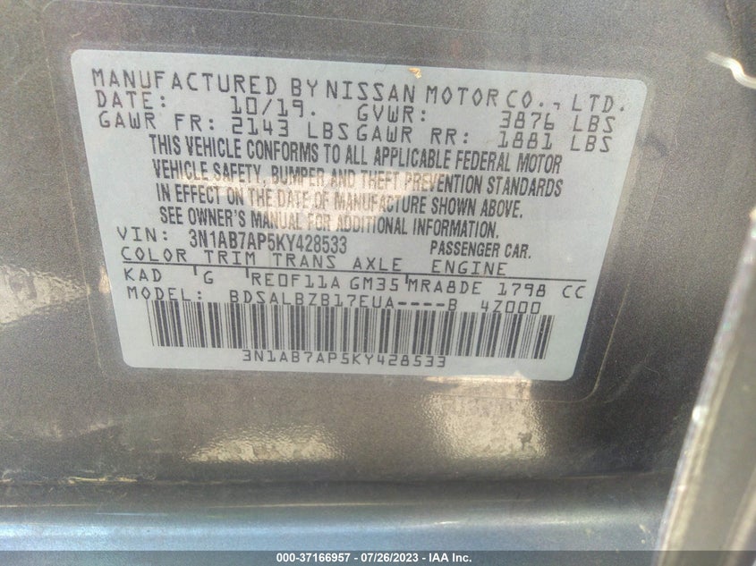 VIN 3N1AB7AP5KY428533 2019 NISSAN SENTRA S