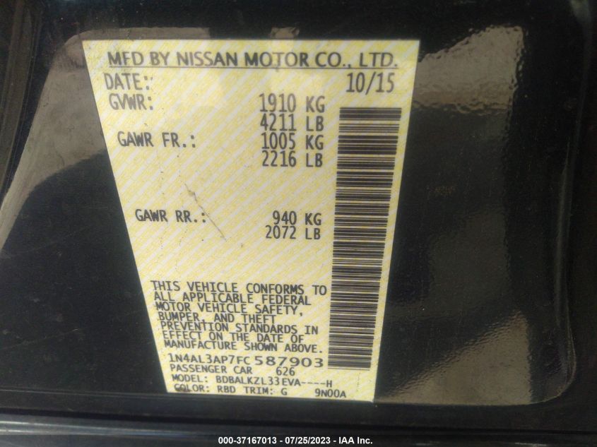 2015 NISSAN ALTIMA 2.5/S/SV/SL - 1N4AL3AP7FC587903
