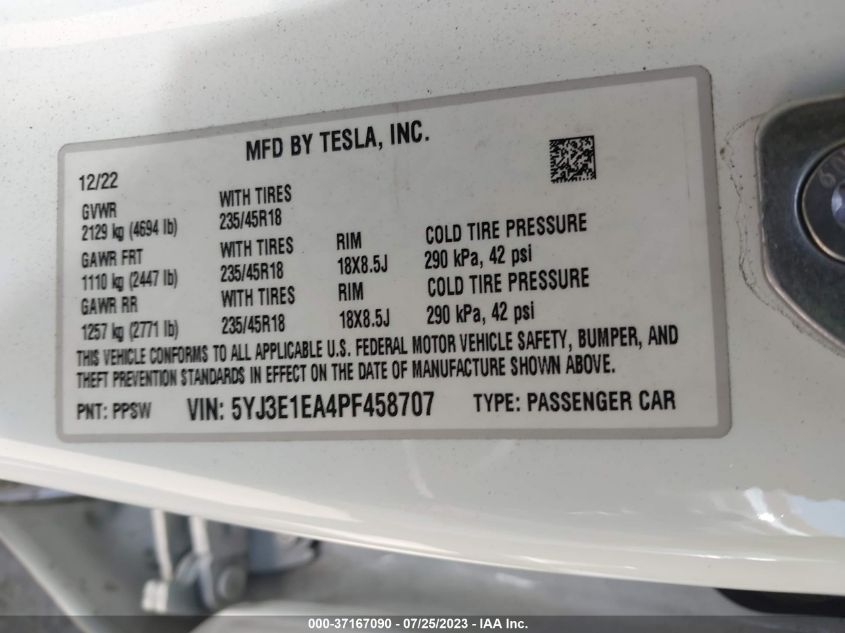2023 TESLA MODEL 3 - 5YJ3E1EA4PF458707
