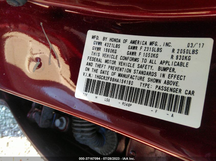 2017 HONDA ACCORD SEDAN EX-L - 1HGCR2F96HA194190