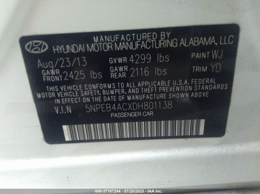 2013 HYUNDAI SONATA GLS - 5NPEB4ACXDH801138