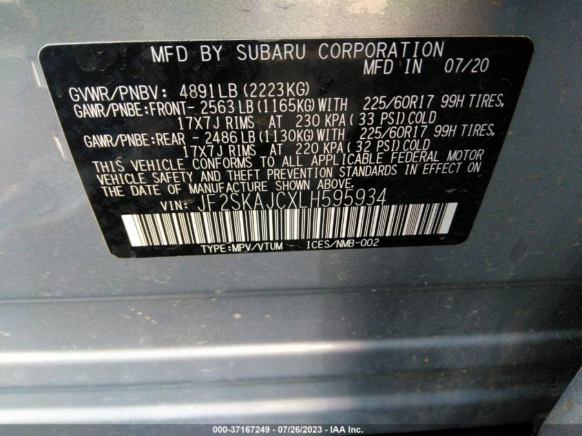 2020 SUBARU FORESTER PREMIUM - JF2SKAJCXLH595934