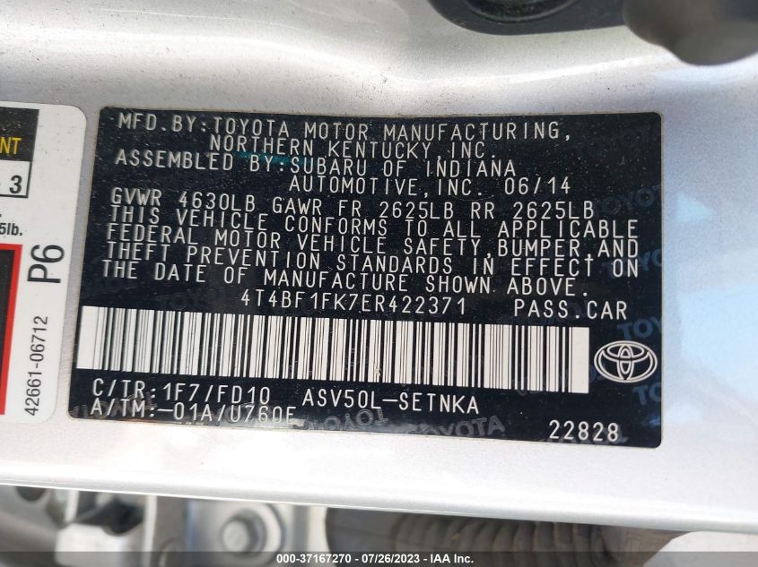 2014 TOYOTA CAMRY L/LE/XLE/SE/SE SPORT - 4T4BF1FK7ER422371
