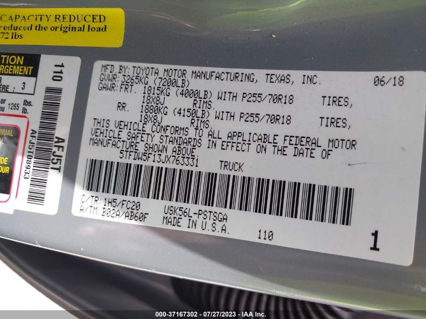 2018 TOYOTA TUNDRA 4WD SR5/LIMITED/PLATINUM 5TFDW5F13JX763331