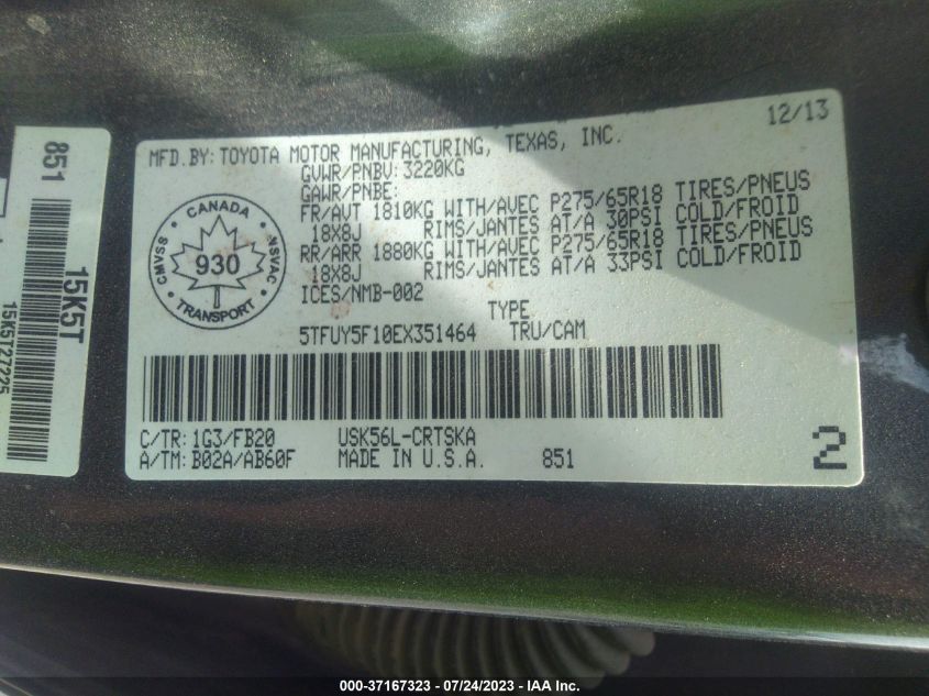 2014 TOYOTA TUNDRA 4WD TRUCK SR/SR5 - 5TFUY5F10EX351464