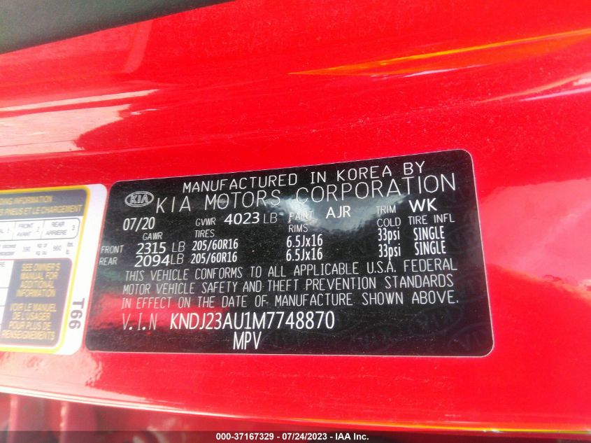 2021 KIA SOUL S - KNDJ23AU1M7748870