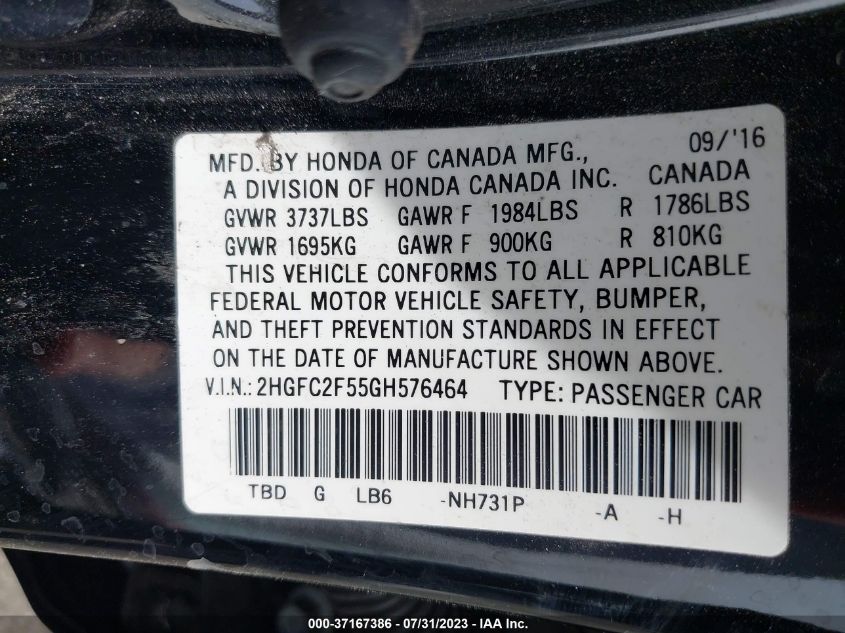 2016 HONDA CIVIC SEDAN LX - 2HGFC2F55GH576464