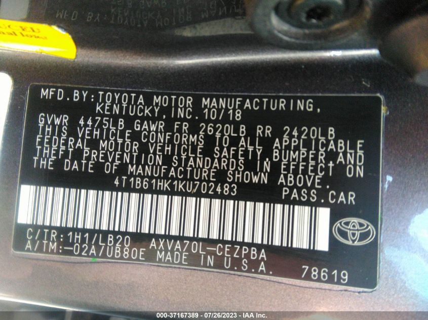 2019 TOYOTA CAMRY XSE - 4T1B61HK1KU702483