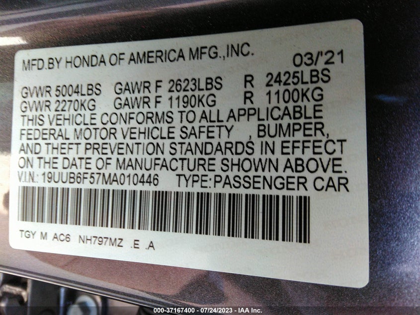 VIN 19UUB6F57MA010446 2021 ACURA TLX W/A-SPEC PACKAGE