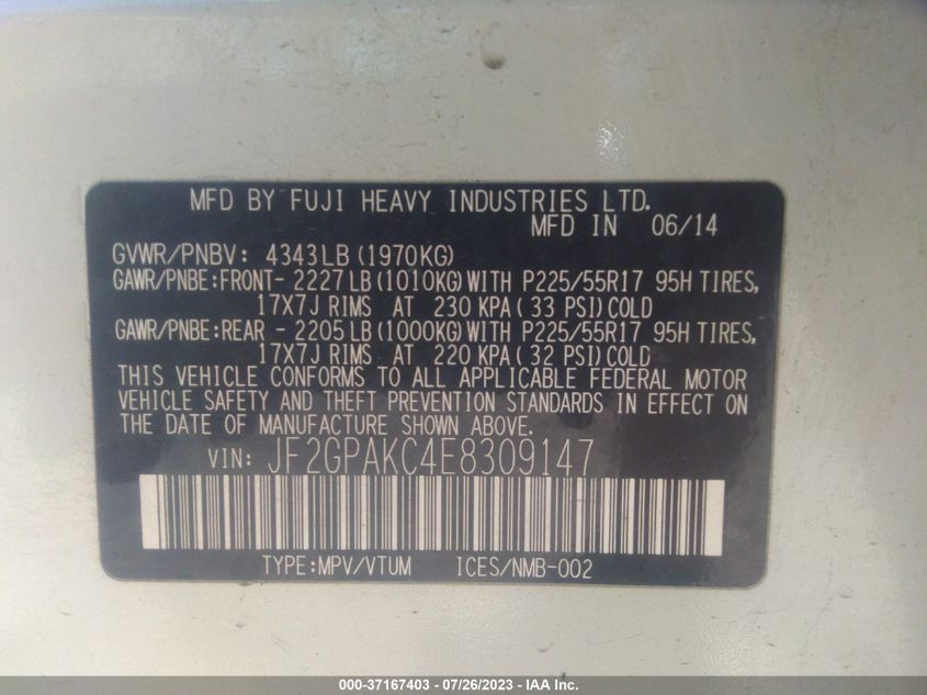 2014 SUBARU XV CROSSTREK LIMITED - JF2GPAKC4E8309147