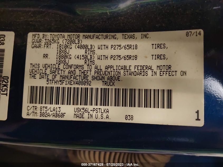 2014 TOYOTA TUNDRA 4WD TRUCK LTD 5TFHY5F1XEX408092