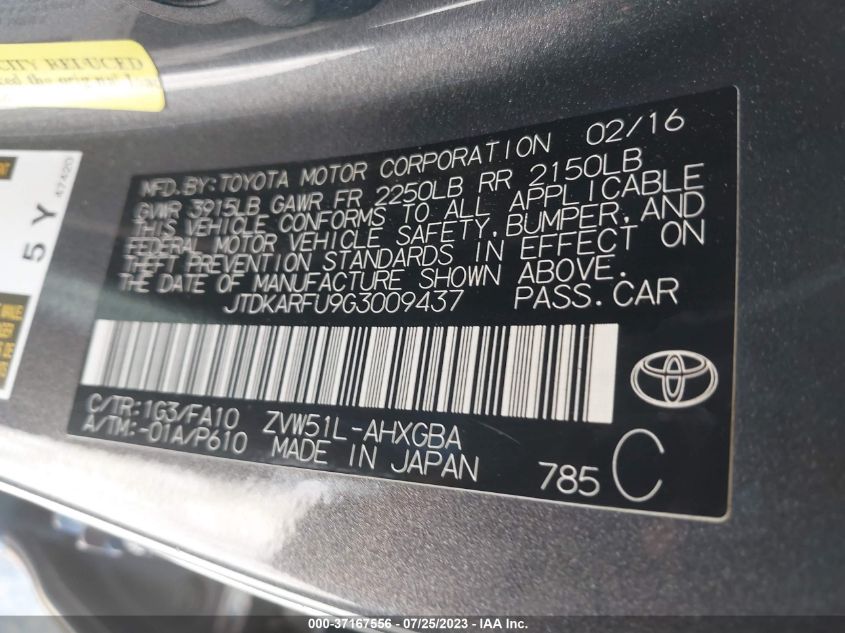 2016 TOYOTA PRIUS FOUR - JTDKARFU9G3009437
