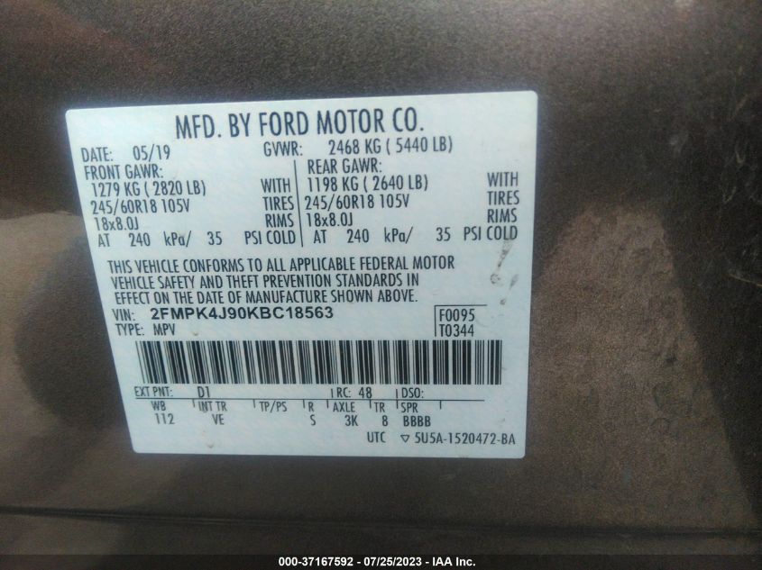 2FMPK4J90KBC18563 2019 FORD EDGE, photo no. 9