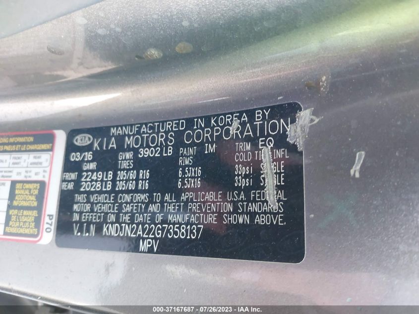 2016 KIA SOUL BASE - KNDJN2A22G7358137