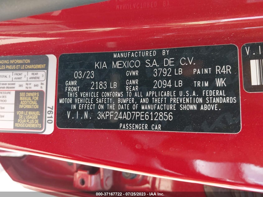 VIN 3KPF24AD7PE612856 2023 KIA FORTE LXS