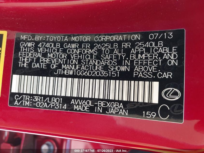 2013 LEXUS ES 300H HYBRID - JTHBW1GG6D2035151