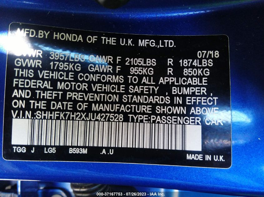 2018 HONDA CIVIC HATCHBACK LX - SHHFK7H2XJU427528