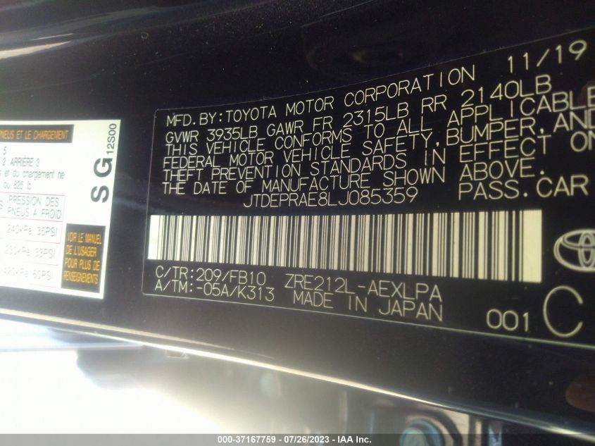 2020 TOYOTA COROLLA LE - JTDEPRAE8LJ085359