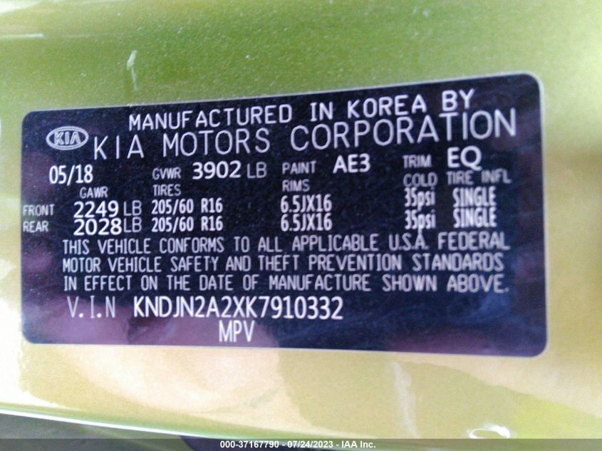 2019 KIA SOUL BASE - KNDJN2A2XK7910332