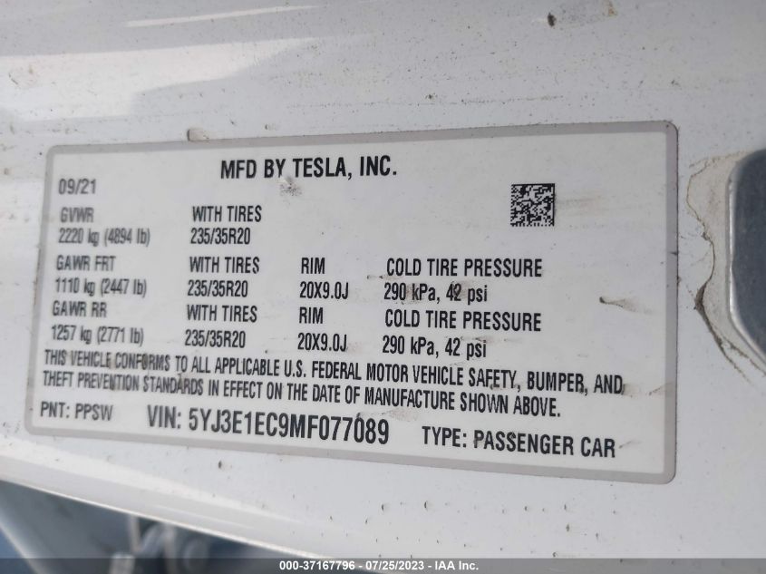 2021 TESLA MODEL 3 - 5YJ3E1EC9MF077089