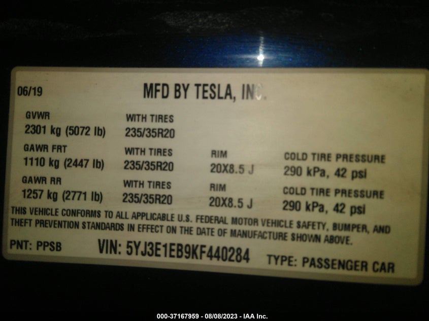 VIN 5YJ3E1EB9KF440284 2019 TESLA MODEL 3 LONG RANGE/PERFORMANCE