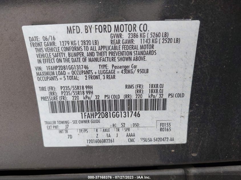 2016 FORD TAURUS SE - 1FAHP2D81GG131746