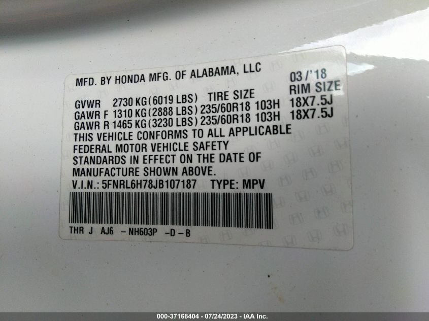 5FNRL6H78JB107187 2018 HONDA ODYSSEY, photo no. 9