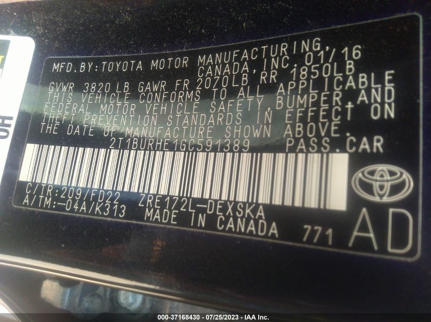 2016 TOYOTA COROLLA L/LE/S/S PLUS/LE PLUS - 2T1BURHE1GC591389