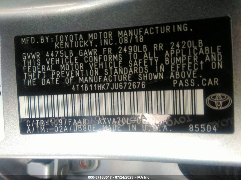2018 TOYOTA CAMRY LE/SE/XLE/L - 4T1B11HK7JU672676