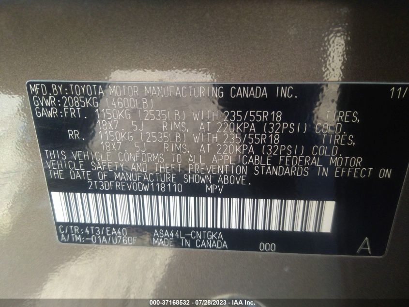 2013 TOYOTA RAV4 LIMITED - 2T3DFREV0DW118110