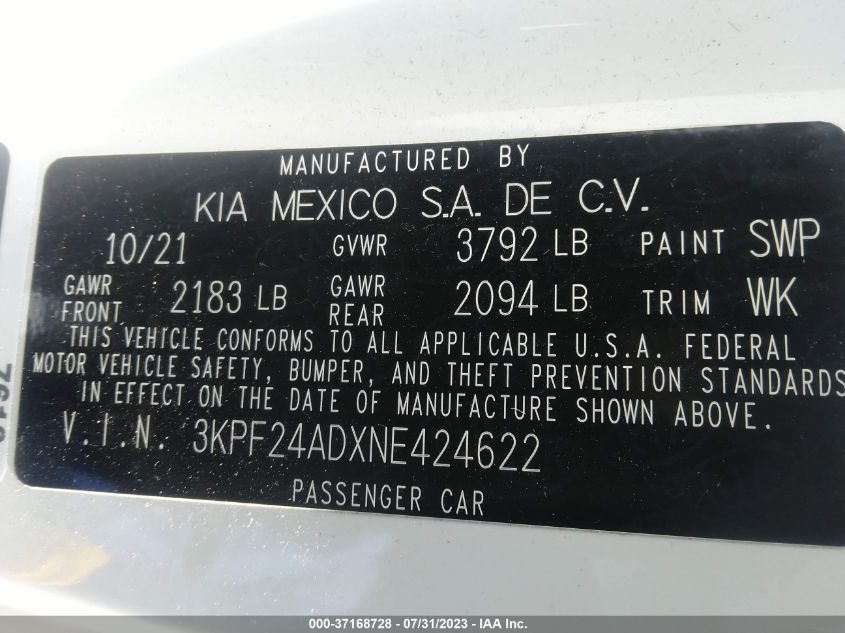 2022 KIA FORTE LXS - 3KPF24ADXNE424622
