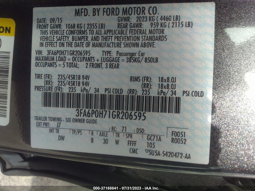 2016 FORD FUSION SE - 3FA6P0H71GR206595