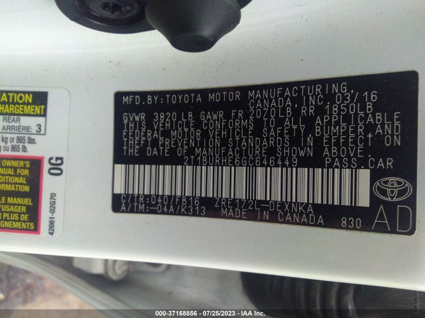 2016 TOYOTA COROLLA L/LE/S/S PLUS/LE PLUS - 2T1BURHE6GC646449