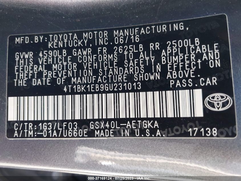 2016 TOYOTA AVALON LIMITED/TOURING/XLE - 4T1BK1EB9GU231013