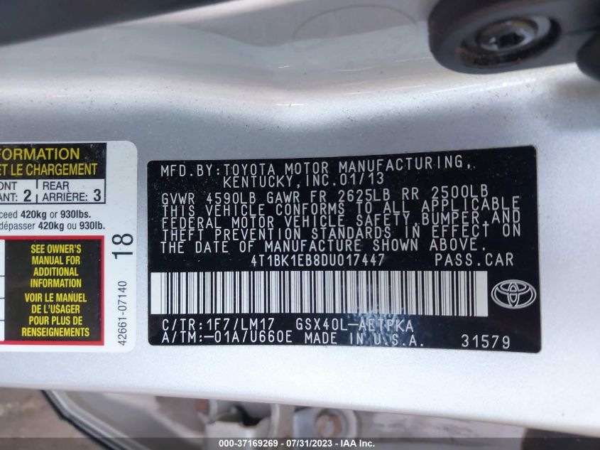 2013 TOYOTA AVALON XLE/LIMITED - 4T1BK1EB8DU017447