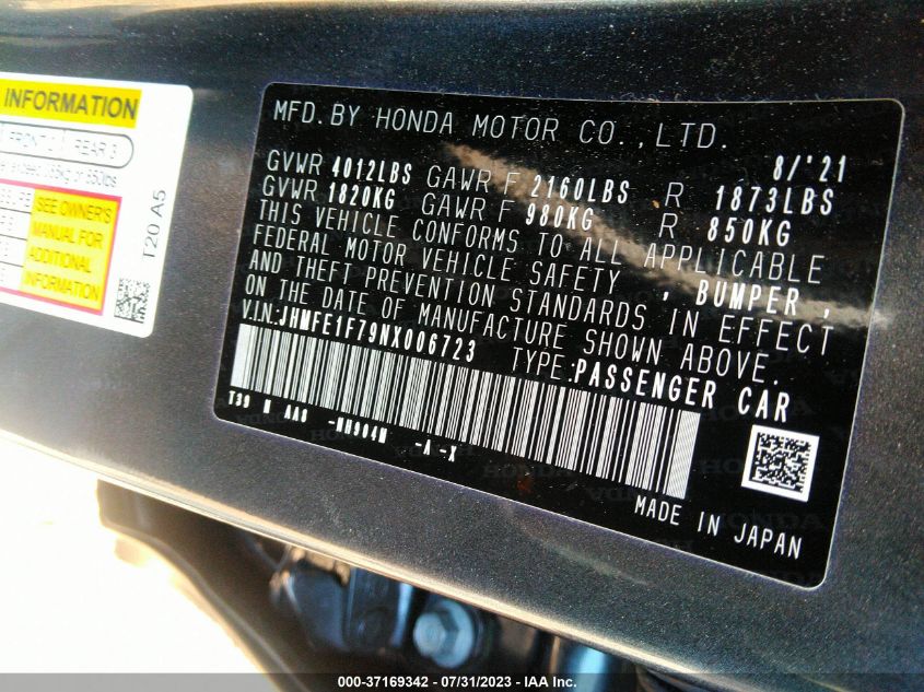 2022 HONDA CIVIC SEDAN EX - JHMFE1F79NX006723