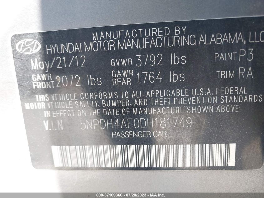 2013 HYUNDAI ELANTRA GLS/LIMITED - 5NPDH4AE0DH181749