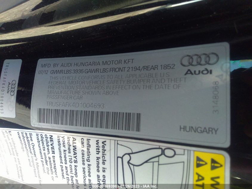 2013 AUDI TT 2.0T PREMIUM PLUS TRUSFAFK4D1004693