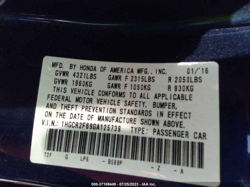 2016 HONDA ACCORD SEDAN SPORT - 1HGCR2F69GA125739