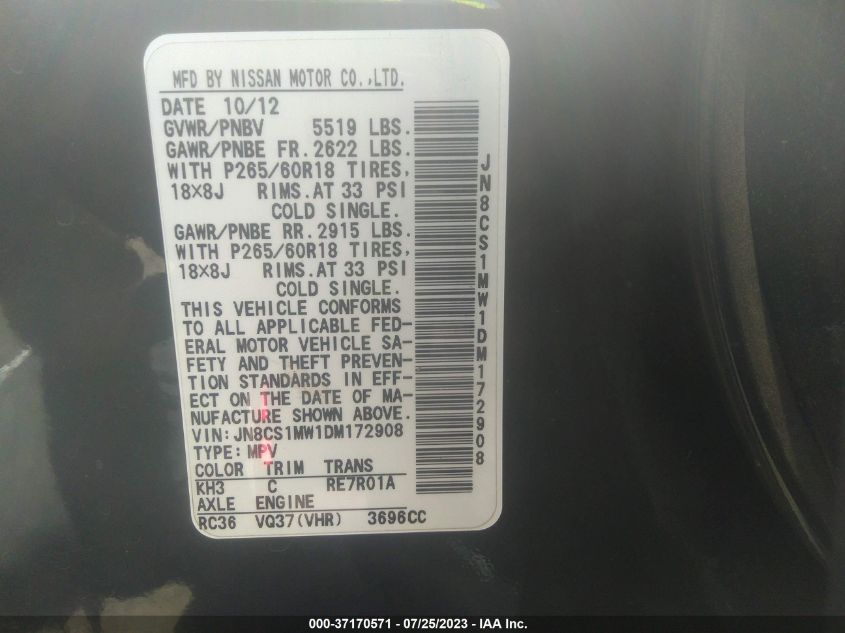 2013 INFINITI FX37 - JN8CS1MW1DM172908