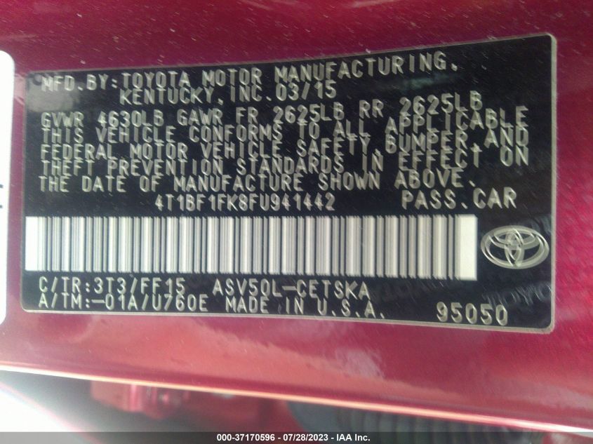 2015 TOYOTA CAMRY XLE/SE/LE/XSE - 4T1BF1FK8FU941442