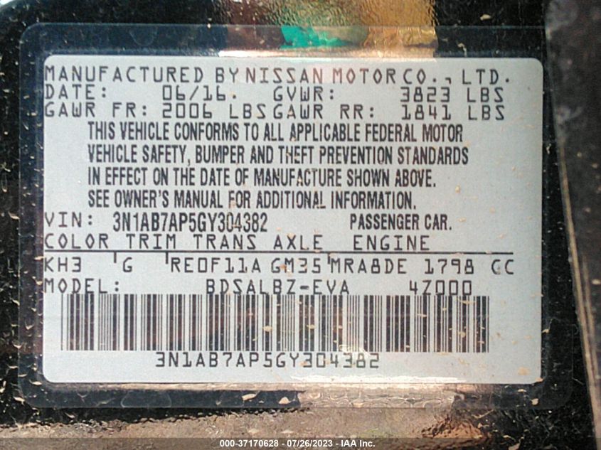 2016 NISSAN SENTRA S - 3N1AB7AP5GY304382
