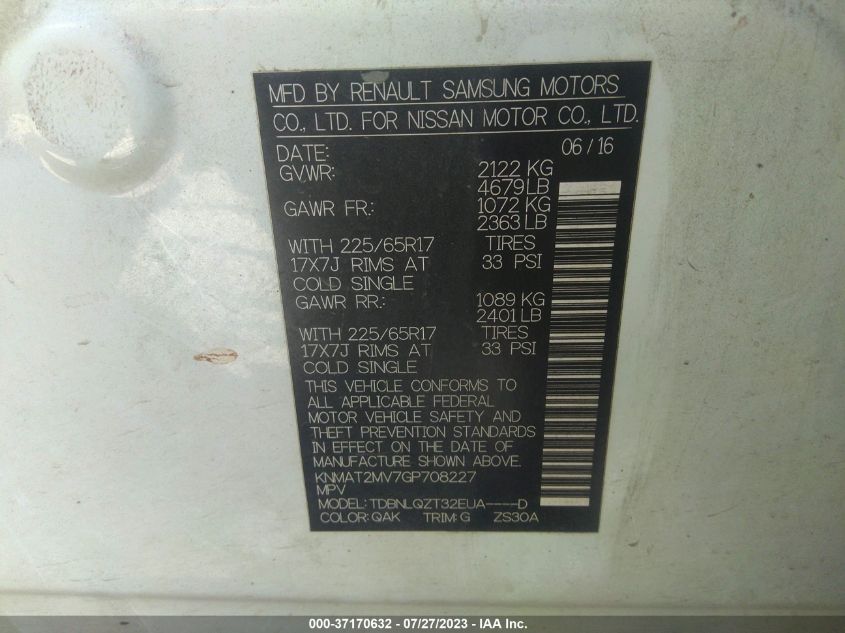 2016 NISSAN ROGUE SV/SL/S - KNMAT2MV7GP708227