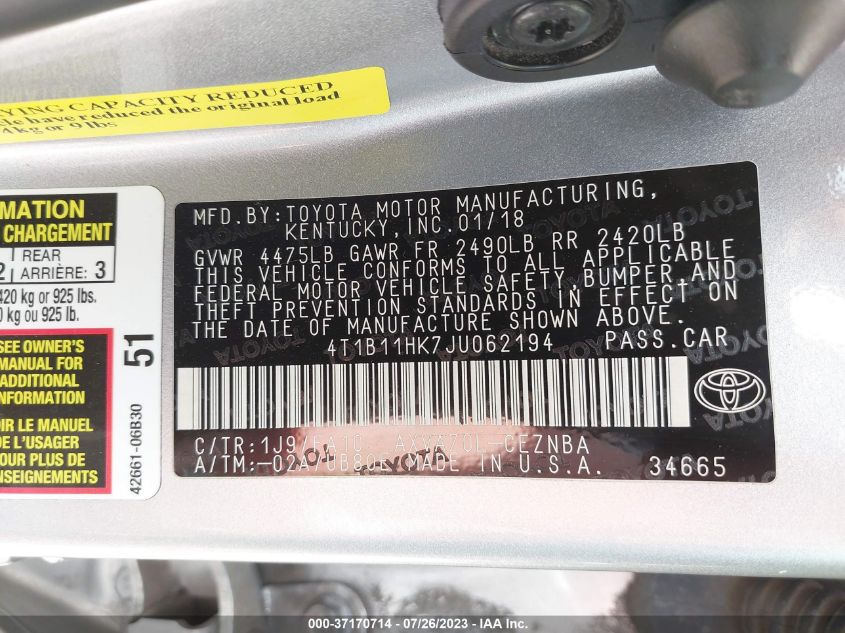 2018 TOYOTA CAMRY LE/SE/XLE/L - 4T1B11HK7JU062194