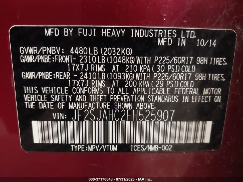 2015 SUBARU FORESTER 2.5I LIMITED - JF2SJAHC2FH525907