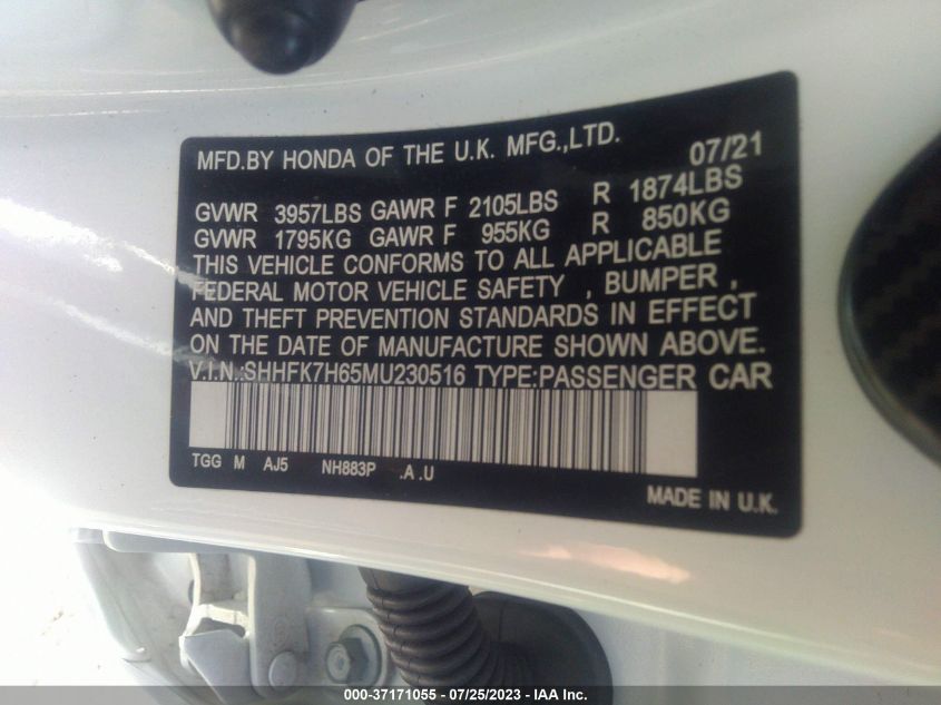 2021 HONDA CIVIC HATCHBACK EX - SHHFK7H65MU230516
