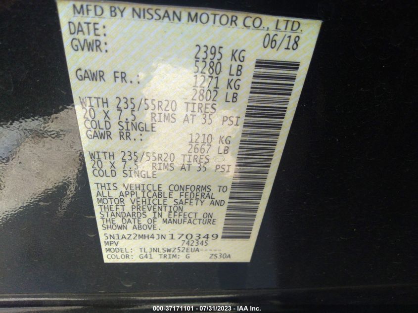 2018 NISSAN MURANO PLATINUM - 5N1AZ2MH4JN170349