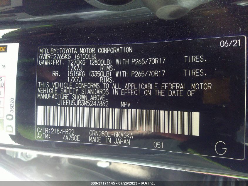 2021 TOYOTA 4RUNNER SR5/TRAIL/SR5 PREMIUM/LIM - JTEEU5JR3M5247862