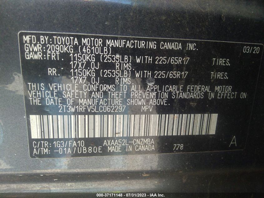 2020 TOYOTA RAV4 XLE/XLE PREMIUM - 2T3W1RFV5LC062297