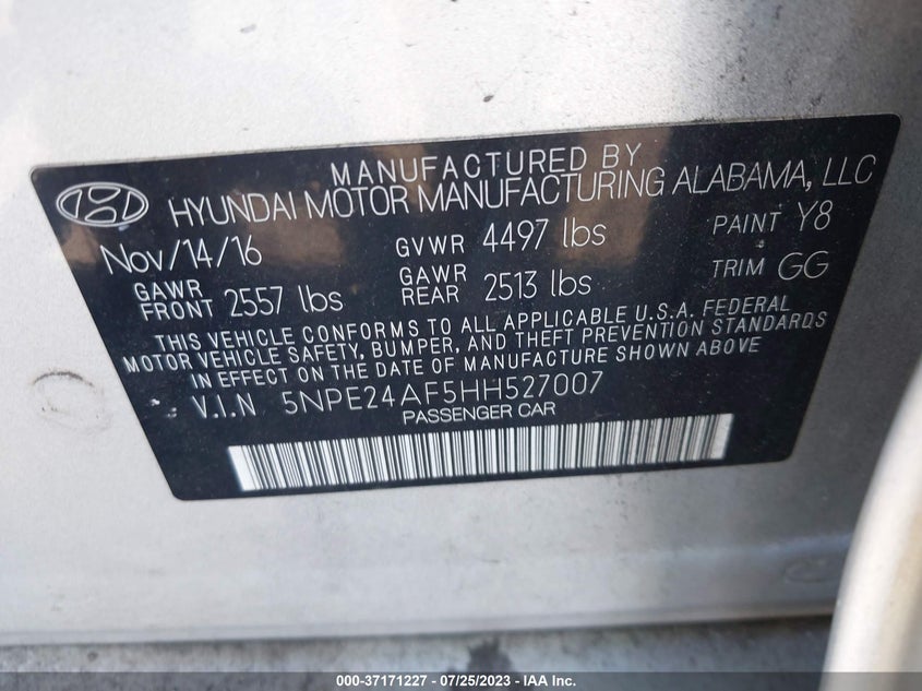 VIN 5NPE24AF5HH527007 2017 HYUNDAI SONATA 2.4L